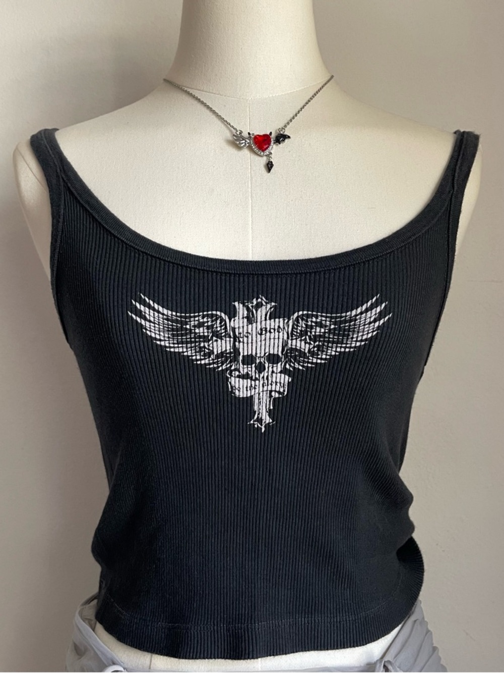 Vintage Black Ribbed Tank Top with White Winged Skull Graphic - Picture 2 of 4